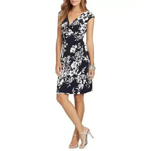Hawaiin Floral gathered Ruched stretch Ralph Lauren navy Dress 12P
